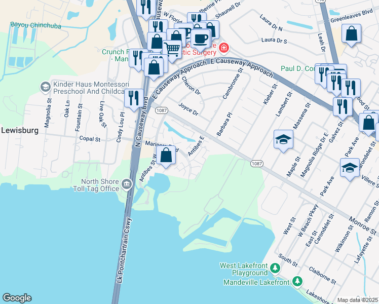 map of restaurants, bars, coffee shops, grocery stores, and more near 145 Antibes St E in Mandeville