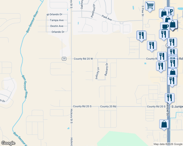map of restaurants, bars, coffee shops, grocery stores, and more near Felicity Lane in Foley