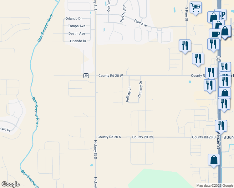 map of restaurants, bars, coffee shops, grocery stores, and more near 923 Sailor Circle in Foley