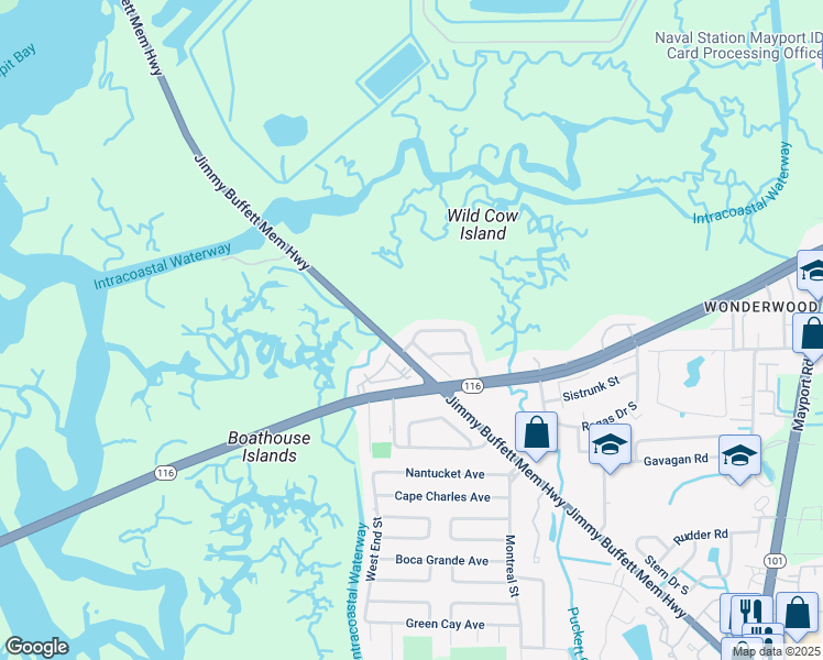 map of restaurants, bars, coffee shops, grocery stores, and more near 1271 Bayshore Drive North in Jacksonville