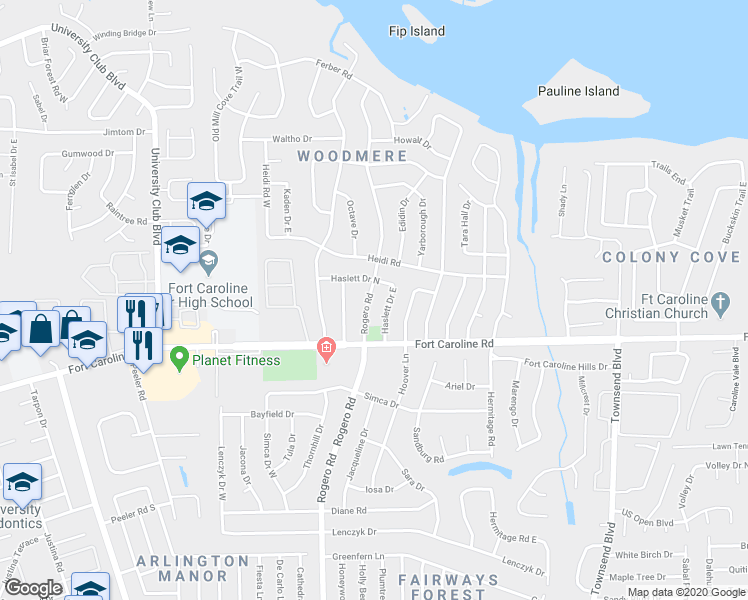 map of restaurants, bars, coffee shops, grocery stores, and more near 3755 Rogero Road in Jacksonville