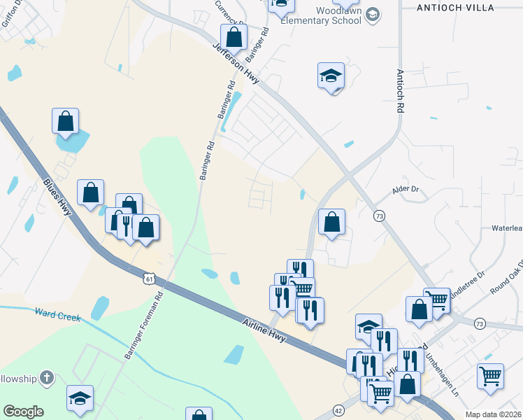 map of restaurants, bars, coffee shops, grocery stores, and more near 18533 Doc Olena Drive in Baton Rouge