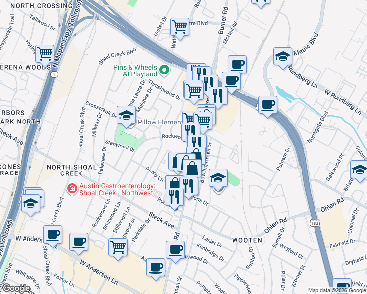 map of restaurants, bars, coffee shops, grocery stores, and more near 8528 Burnet Road in Austin