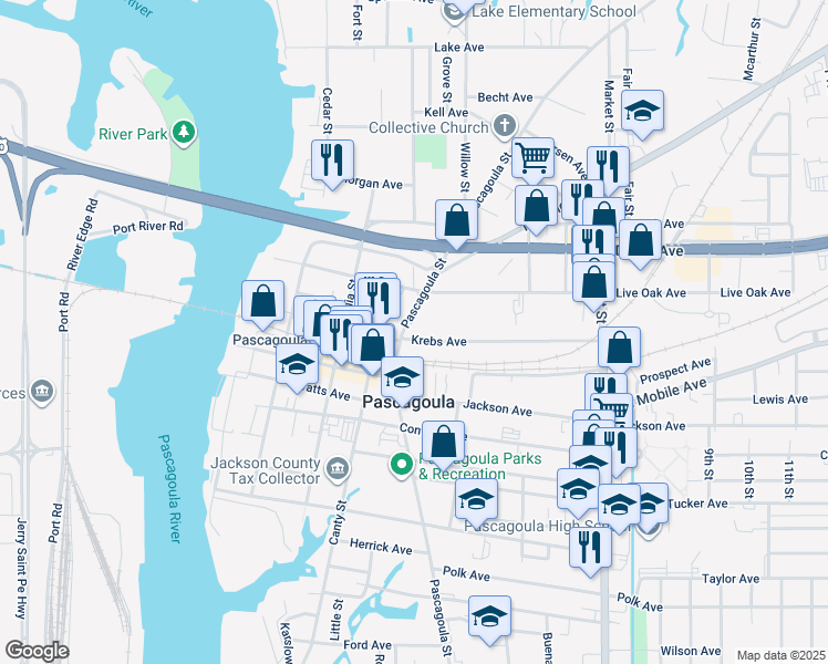 map of restaurants, bars, coffee shops, grocery stores, and more near 808 Krebs Ave in Pascagoula