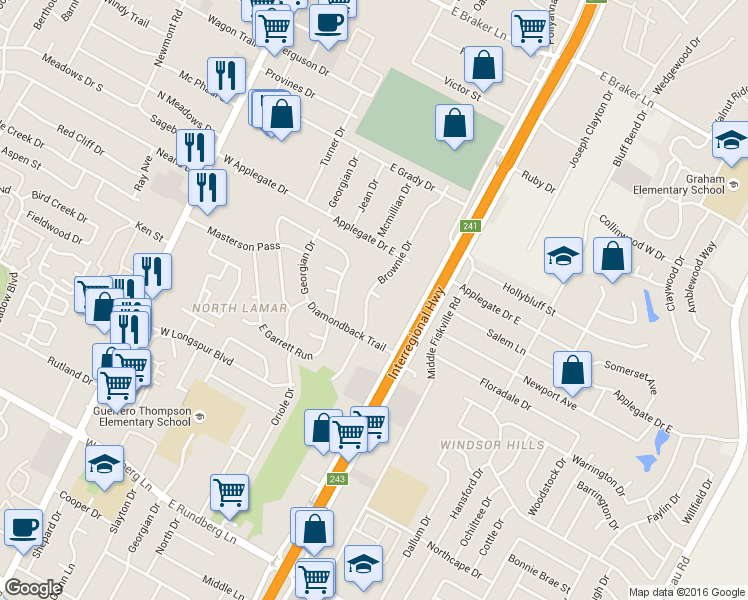map of restaurants, bars, coffee shops, grocery stores, and more near 10213 Brownie Drive in Austin