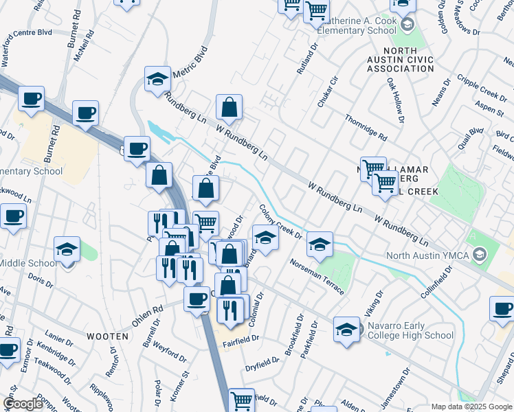 map of restaurants, bars, coffee shops, grocery stores, and more near 9039 Galewood Drive in Austin