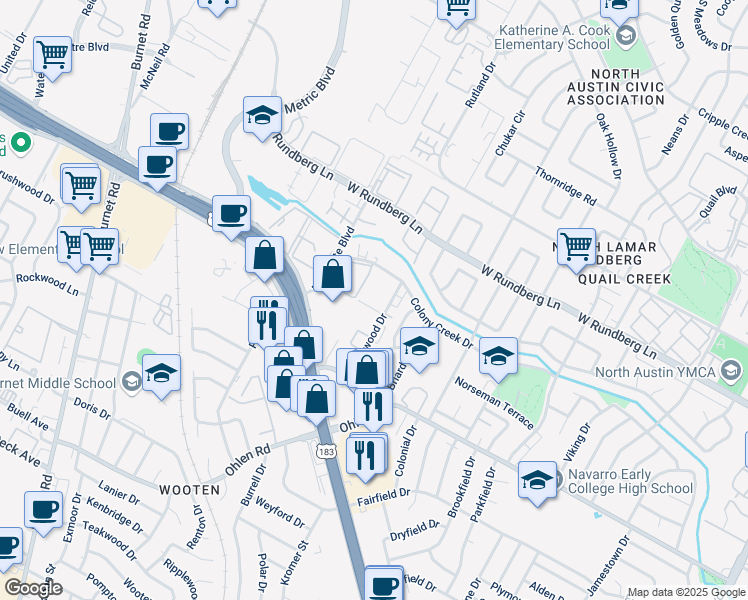 map of restaurants, bars, coffee shops, grocery stores, and more near 9008 Galewood Drive in Austin