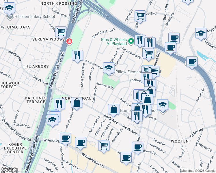 map of restaurants, bars, coffee shops, grocery stores, and more near Stanwood Drive & Franwood Lane in Austin