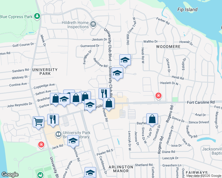 map of restaurants, bars, coffee shops, grocery stores, and more near 3754 University Club Boulevard in Jacksonville