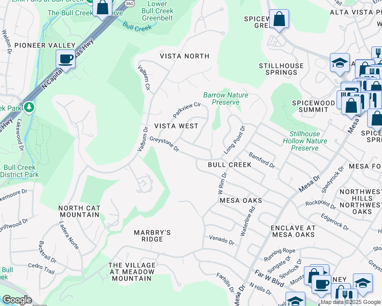 map of restaurants, bars, coffee shops, grocery stores, and more near 4602 Greystone Drive in Austin