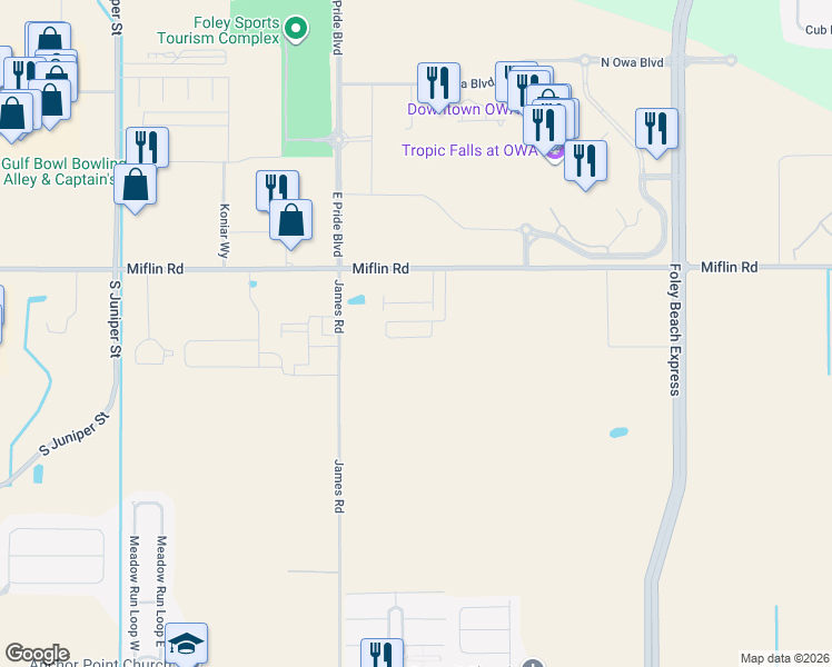 map of restaurants, bars, coffee shops, grocery stores, and more near 21240 Miflin Road in Foley