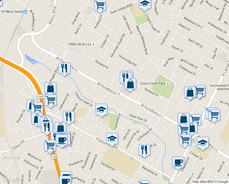 map of restaurants, bars, coffee shops, grocery stores, and more near W Rundberg Ln & Quail Meadow Dr in Austin
