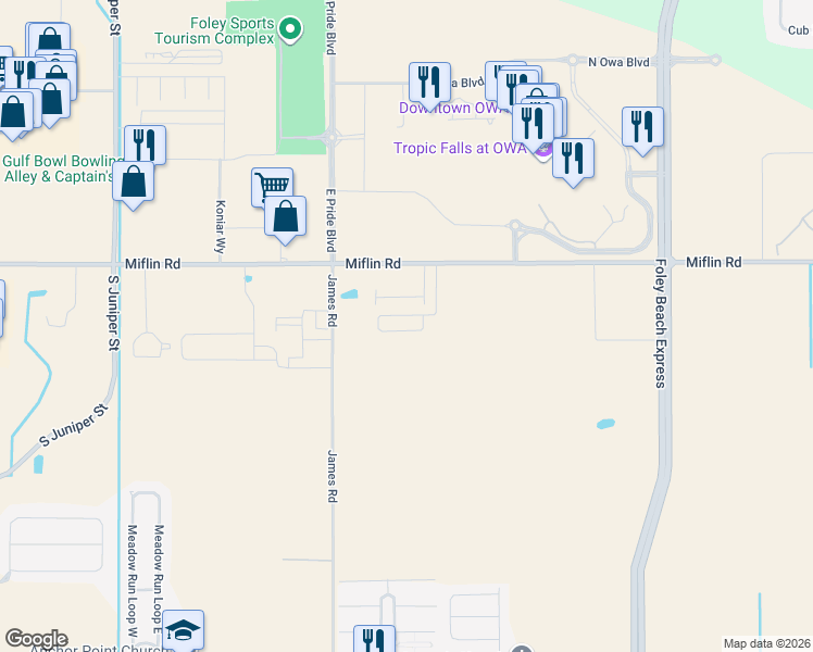 map of restaurants, bars, coffee shops, grocery stores, and more near 21240 Miflin Road in Foley