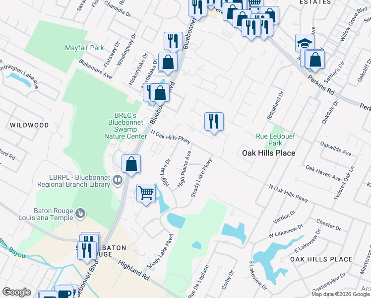 map of restaurants, bars, coffee shops, grocery stores, and more near 827 High Plains Avenue in Baton Rouge