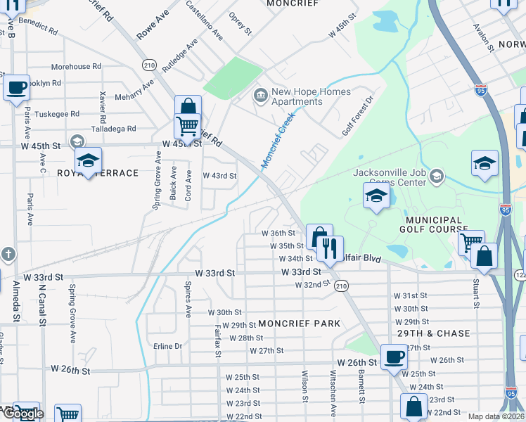 map of restaurants, bars, coffee shops, grocery stores, and more near 1650 Moncrief Village North in Jacksonville