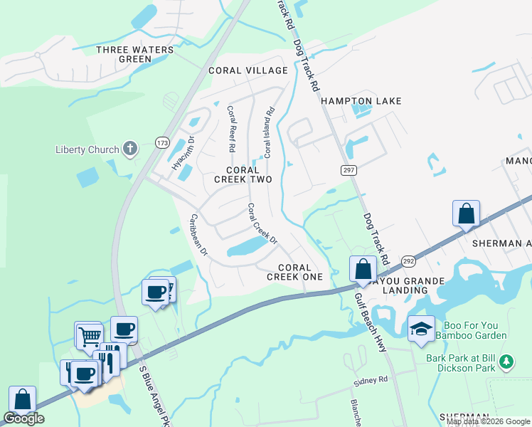 map of restaurants, bars, coffee shops, grocery stores, and more near 1903 Coral Island Road in Pensacola