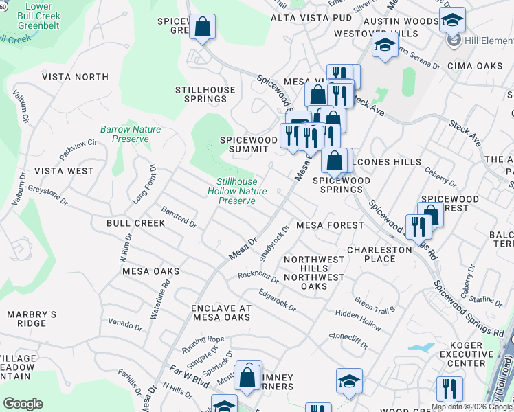 map of restaurants, bars, coffee shops, grocery stores, and more near 4106 Burney Drive in Austin