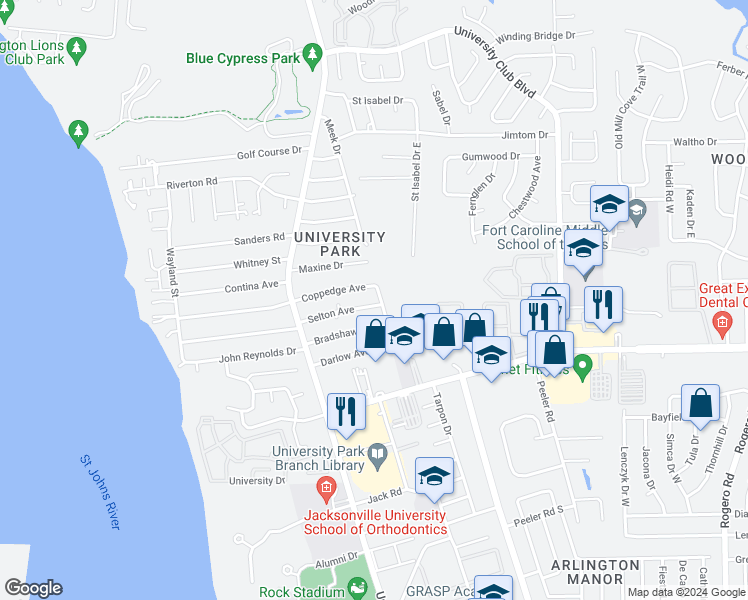 map of restaurants, bars, coffee shops, grocery stores, and more near 5643 Selton Avenue in Jacksonville
