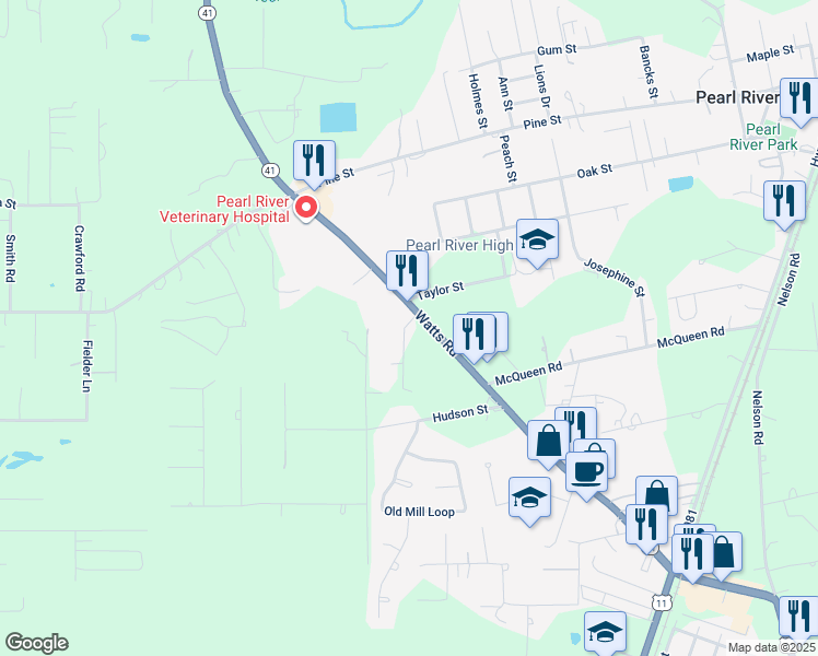 map of restaurants, bars, coffee shops, grocery stores, and more near 64373 Johnston Road in Pearl River