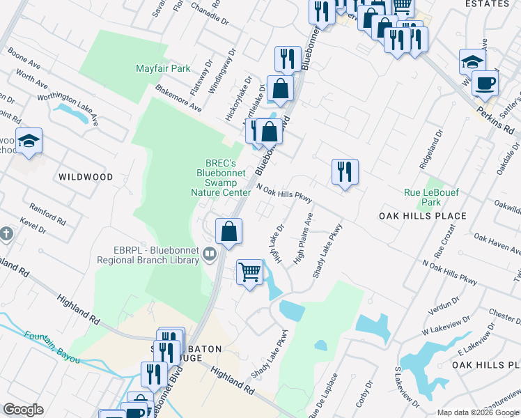 map of restaurants, bars, coffee shops, grocery stores, and more near 911 Ridgepoint Court in Baton Rouge