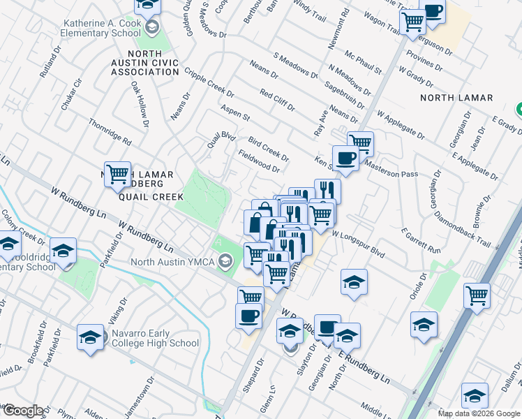 map of restaurants, bars, coffee shops, grocery stores, and more near 9607 Covey Ridge Lane in Austin