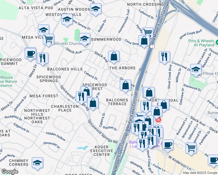 map of restaurants, bars, coffee shops, grocery stores, and more near 8124 Ceberry Drive in Austin