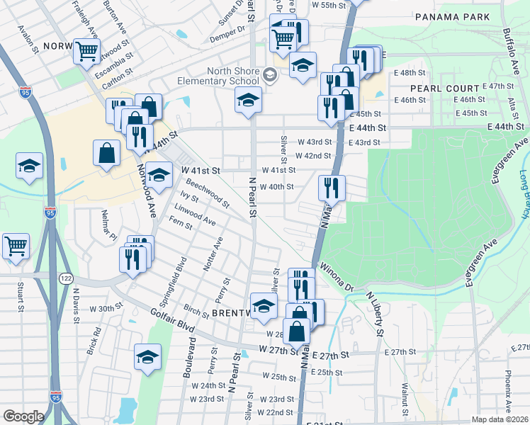 map of restaurants, bars, coffee shops, grocery stores, and more near 224 West 38th Street in Jacksonville