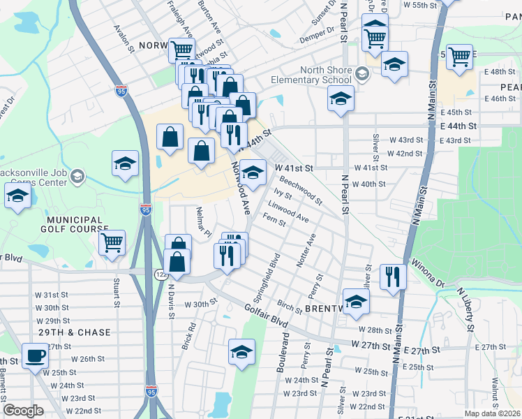 map of restaurants, bars, coffee shops, grocery stores, and more near 658 Fern Street in Jacksonville