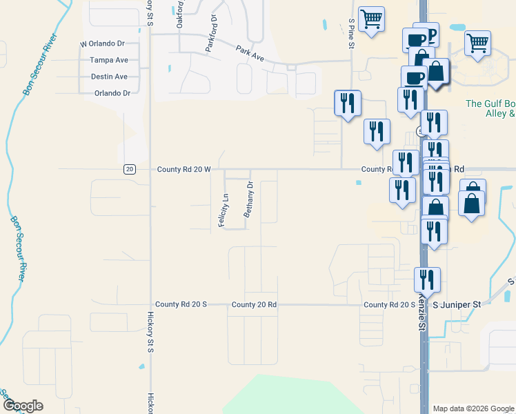 map of restaurants, bars, coffee shops, grocery stores, and more near 9796 Bethany Drive in Foley