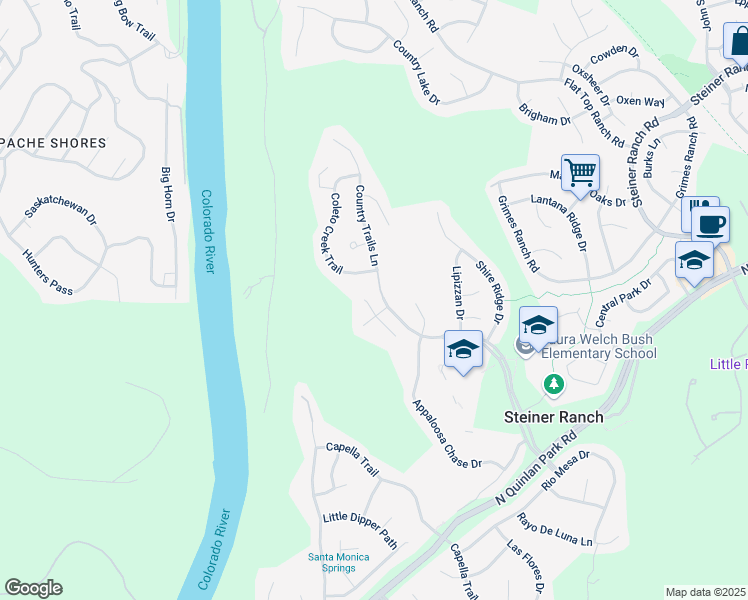 map of restaurants, bars, coffee shops, grocery stores, and more near 12924 Bloomfield Hills Lane in Austin
