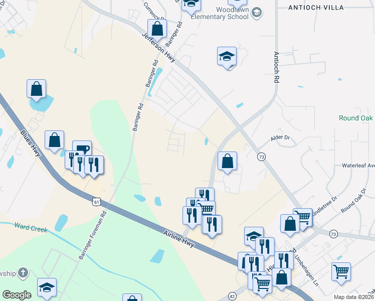 map of restaurants, bars, coffee shops, grocery stores, and more near 18533 Doc Olena Drive in Baton Rouge