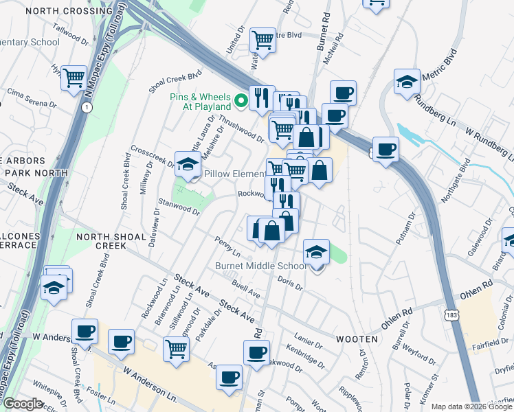 map of restaurants, bars, coffee shops, grocery stores, and more near 8615 Rockwood Lane in Austin