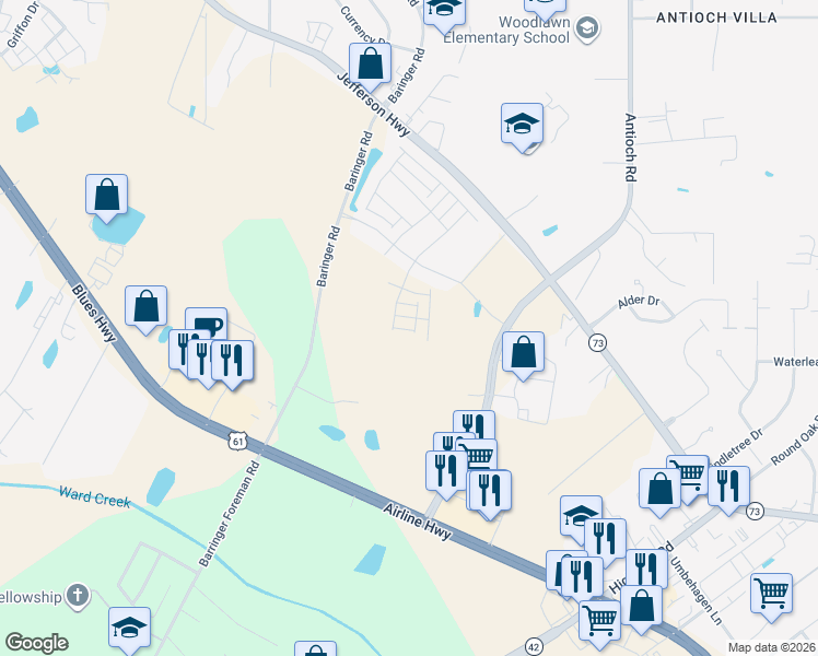 map of restaurants, bars, coffee shops, grocery stores, and more near 15725 Long Farm Road in Baton Rouge