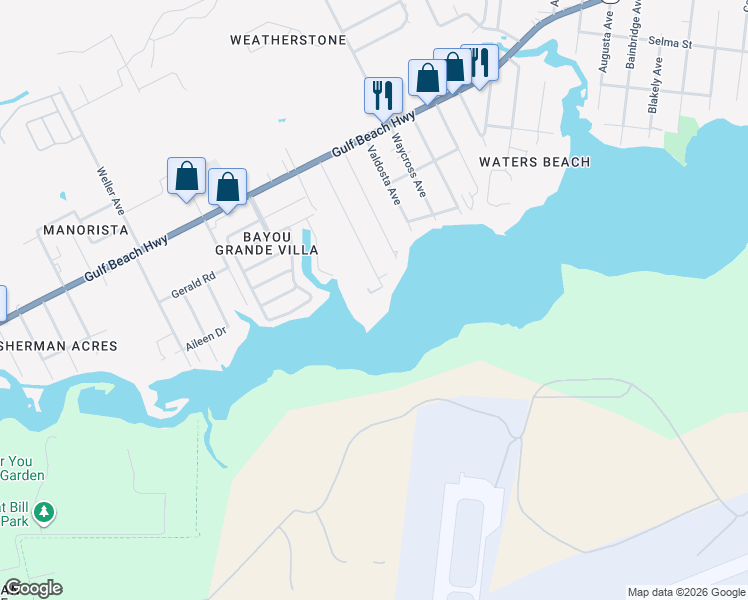 map of restaurants, bars, coffee shops, grocery stores, and more near 2553 Gulf Breeze Avenue in Pensacola