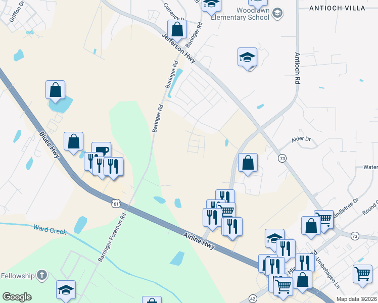 map of restaurants, bars, coffee shops, grocery stores, and more near Billiu Street in Baton Rouge