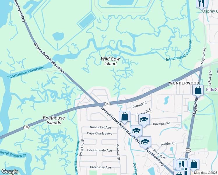 map of restaurants, bars, coffee shops, grocery stores, and more near 1159 Bayshore Drive North in Jacksonville