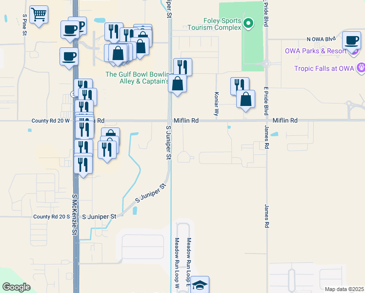 map of restaurants, bars, coffee shops, grocery stores, and more near 20540 Miflin Road in Foley