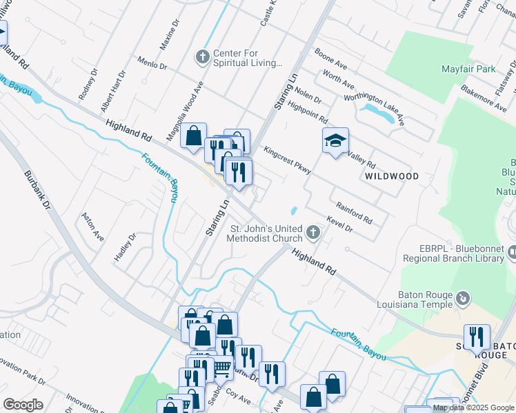 map of restaurants, bars, coffee shops, grocery stores, and more near 9127 Highland Road in Baton Rouge