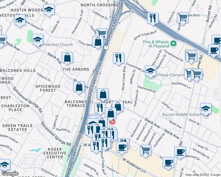 map of restaurants, bars, coffee shops, grocery stores, and more near 3400 Steck Avenue in Austin