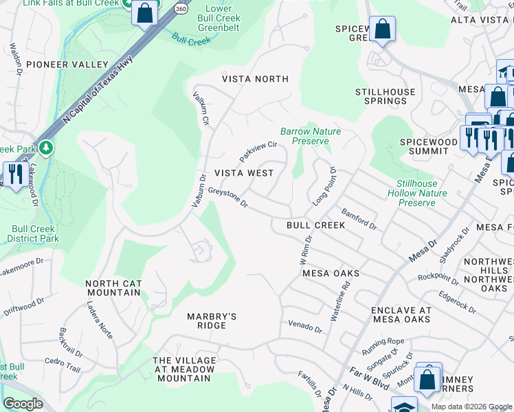 map of restaurants, bars, coffee shops, grocery stores, and more near 7500 Parkview Circle in Austin