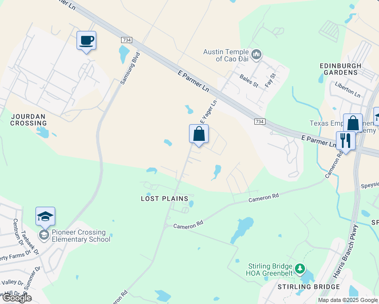 map of restaurants, bars, coffee shops, grocery stores, and more near 4815 East Yager Lane in Manor