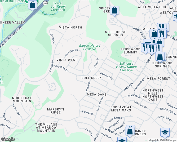 map of restaurants, bars, coffee shops, grocery stores, and more near 7504 Long Point Drive in Austin
