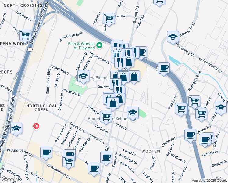map of restaurants, bars, coffee shops, grocery stores, and more near 8528 Burnet Road in Austin