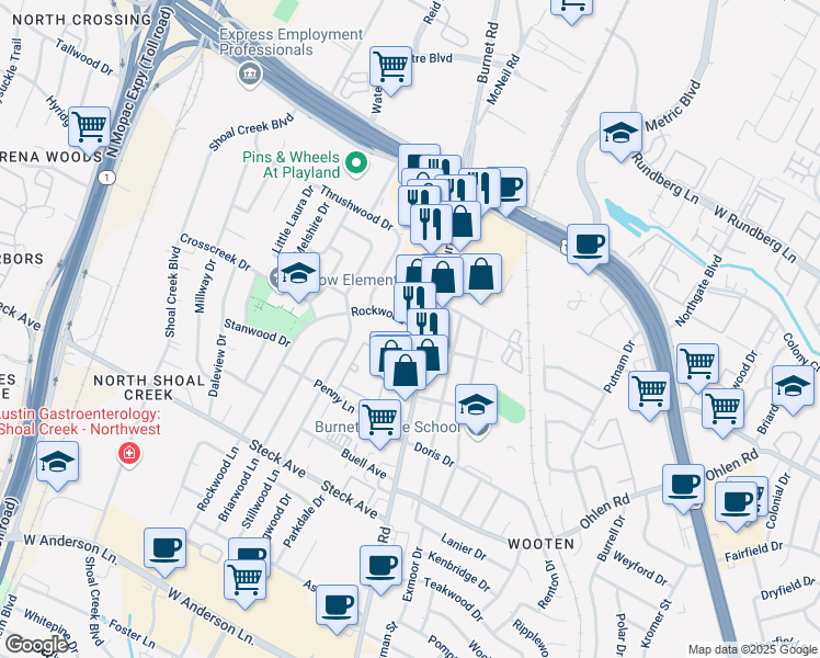 map of restaurants, bars, coffee shops, grocery stores, and more near 8528 Burnet Road in Austin