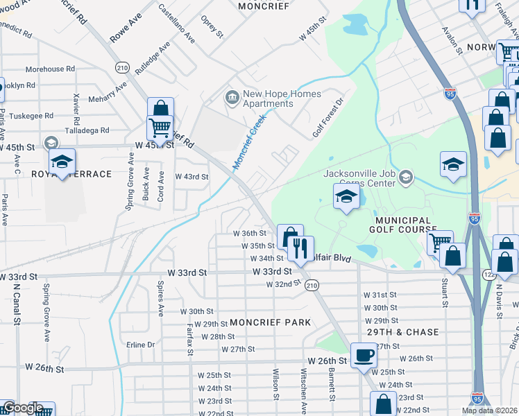 map of restaurants, bars, coffee shops, grocery stores, and more near 4898 State Highway 210 in Jacksonville