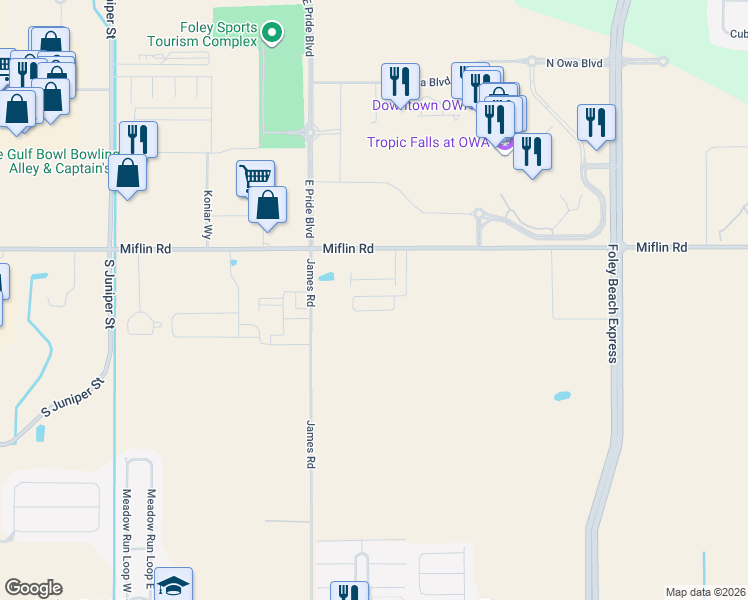 map of restaurants, bars, coffee shops, grocery stores, and more near 21200 Miflin Rd in Foley
