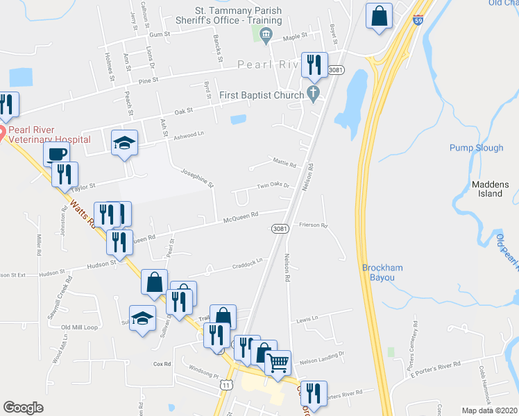 map of restaurants, bars, coffee shops, grocery stores, and more near 39293 McQueen Road in Pearl River