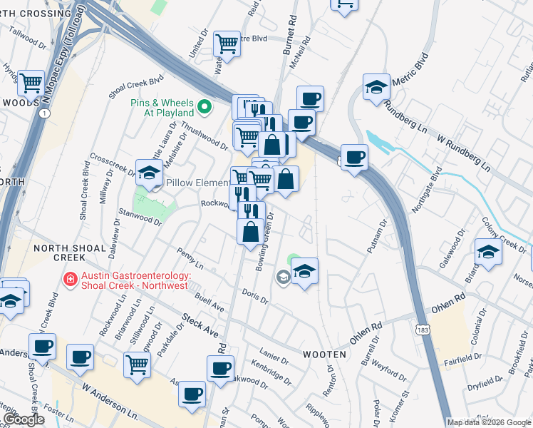 map of restaurants, bars, coffee shops, grocery stores, and more near 8610 Bowling Green Drive in Austin