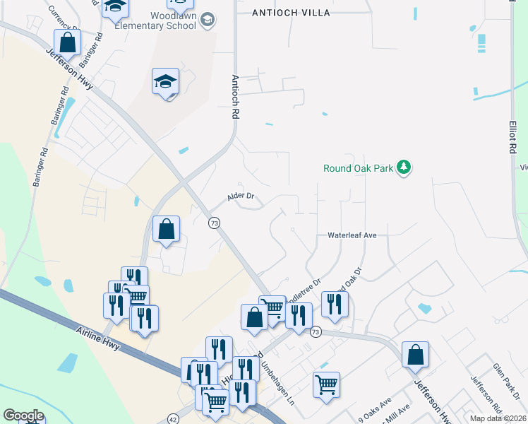 map of restaurants, bars, coffee shops, grocery stores, and more near 16364 Sassafras Drive in Baton Rouge
