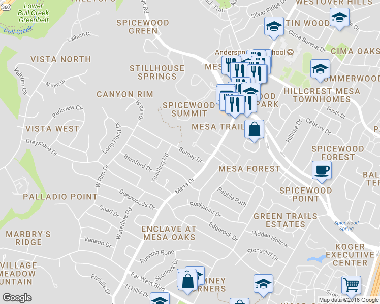 map of restaurants, bars, coffee shops, grocery stores, and more near 4110 Burney Drive in Austin